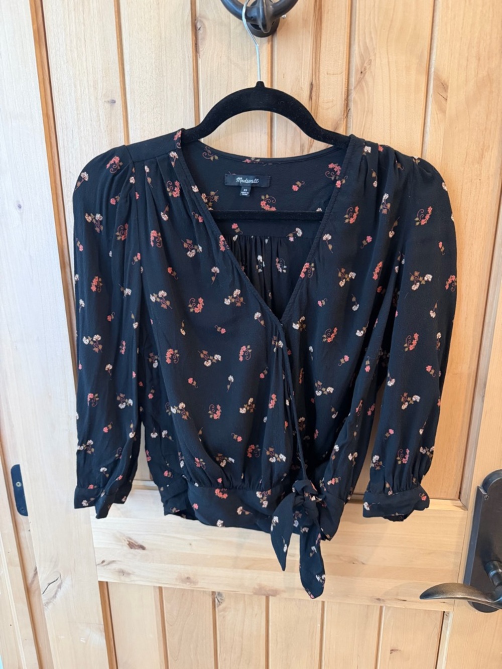 Madewell Black Floral Wrap Top with Tie Waist